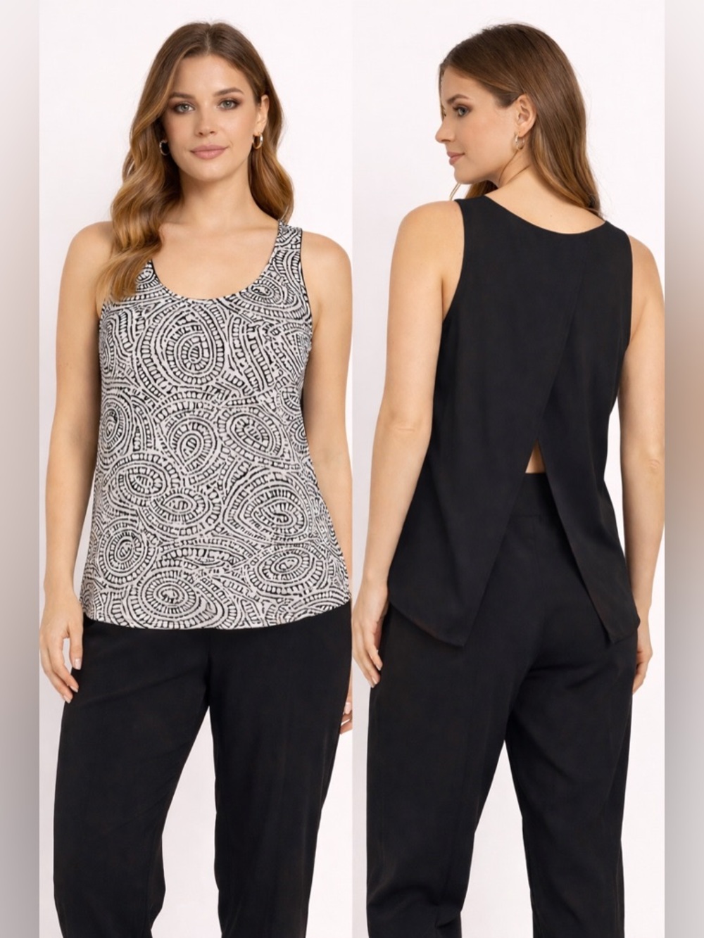 INTERMIX Paisley Print Tank Blouse Split Open Back Black White 100% Silk Size S‎